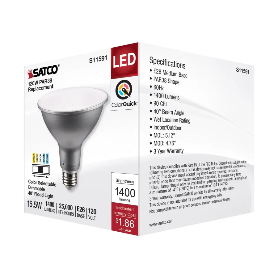 15.5 Watt PAR38 LED - Medium Base - Silver Finish - CCT Selectable - 120 Volt - 40 Degree Beam Angle - Image 7