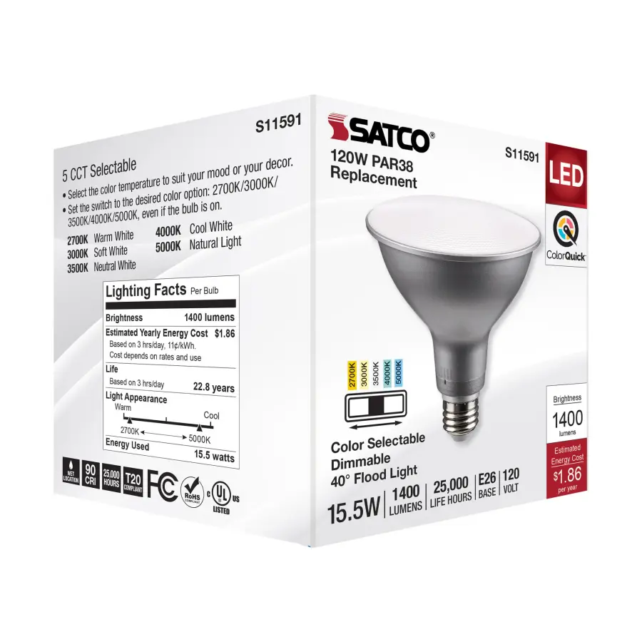15.5 Watt PAR38 LED - Medium Base - Silver Finish - CCT Selectable - 120 Volt - 40 Degree Beam Angle - Image 8
