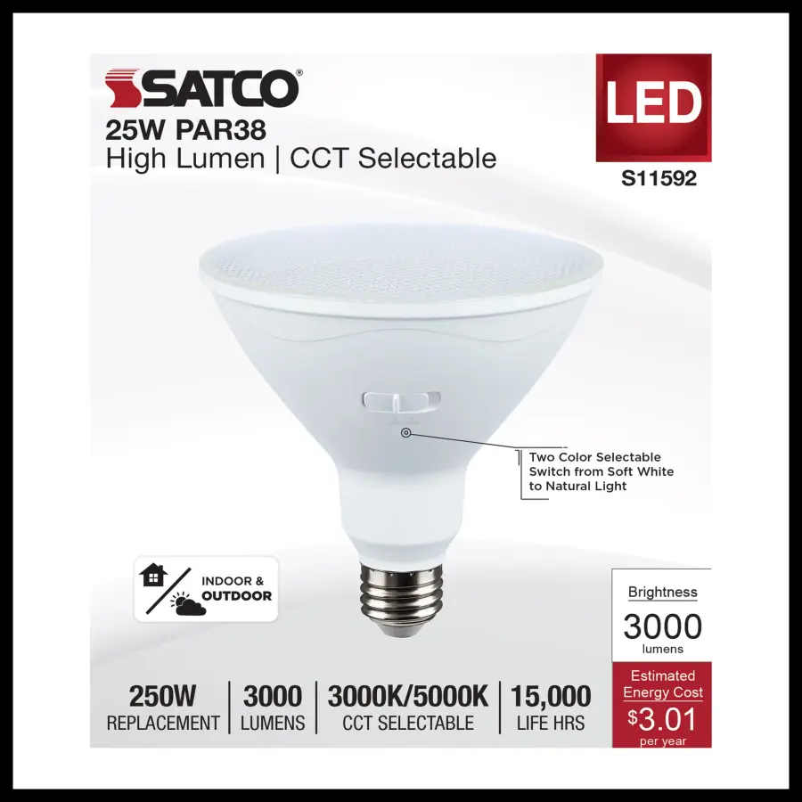 25 Watt PAR38 LED - 3000K/5000K CCT Selectable - High Lumen - Medium Base - White Finish - 120 Volt - Image 3