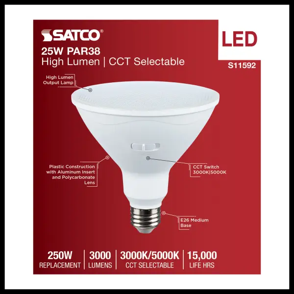 25 Watt PAR38 LED - 3000K/5000K CCT Selectable - High Lumen - Medium Base - White Finish - 120 Volt - Image 4