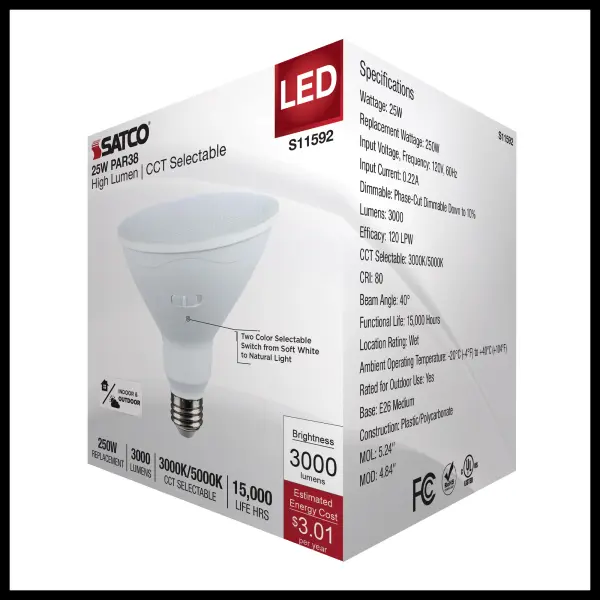25 Watt PAR38 LED - 3000K/5000K CCT Selectable - High Lumen - Medium Base - White Finish - 120 Volt - Image 7