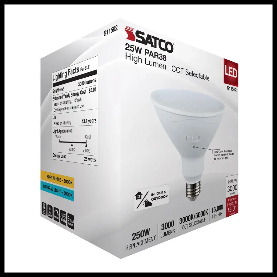 25 Watt PAR38 LED - 3000K/5000K CCT Selectable - High Lumen - Medium Base - White Finish - 120 Volt - Image 8
