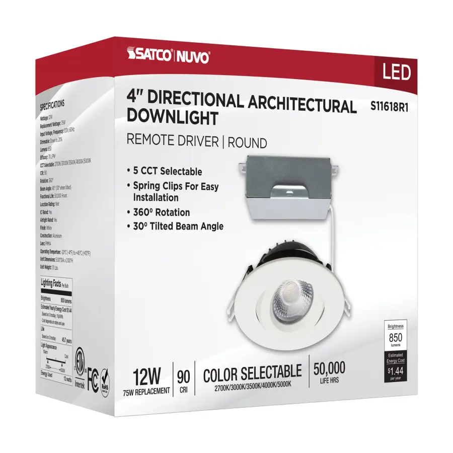 12 Watt LED Direct Wire Downlight - Gimbaled - 4 Inch - CCT Selectable - Round - Remote Driver - White Finish - 850 Lumens - 120 Volt - Image 13