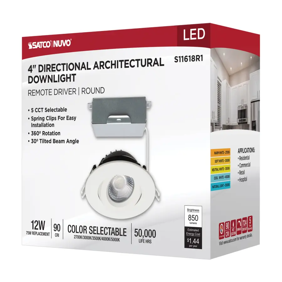 12 Watt LED Direct Wire Downlight - Gimbaled - 4 Inch - CCT Selectable - Round - Remote Driver - White Finish - 850 Lumens - 120 Volt - Image 14