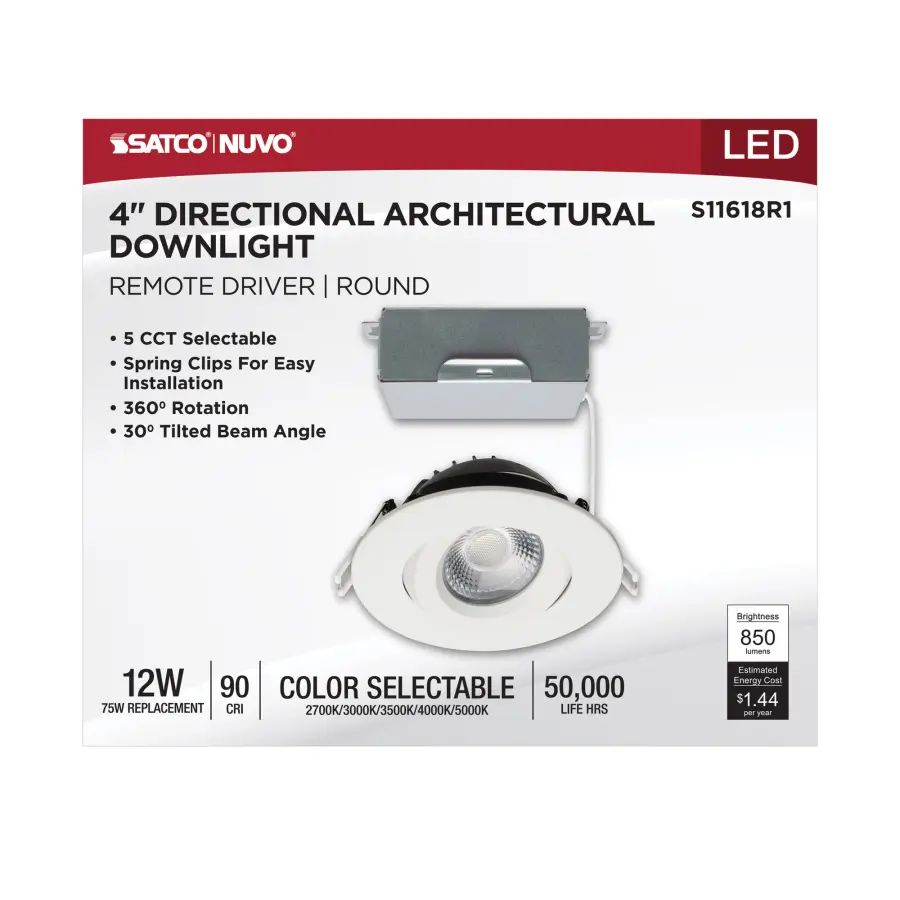 12 Watt LED Direct Wire Downlight - Gimbaled - 4 Inch - CCT Selectable - Round - Remote Driver - White Finish - 850 Lumens - 120 Volt - Image 9