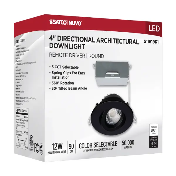 12 Watt LED Direct Wire Downlight - Gimbaled - 4 Inch - CCT Selectable - Round - Remote Driver - Black Finish - 850 Lumens - 120 Volt - Image 13