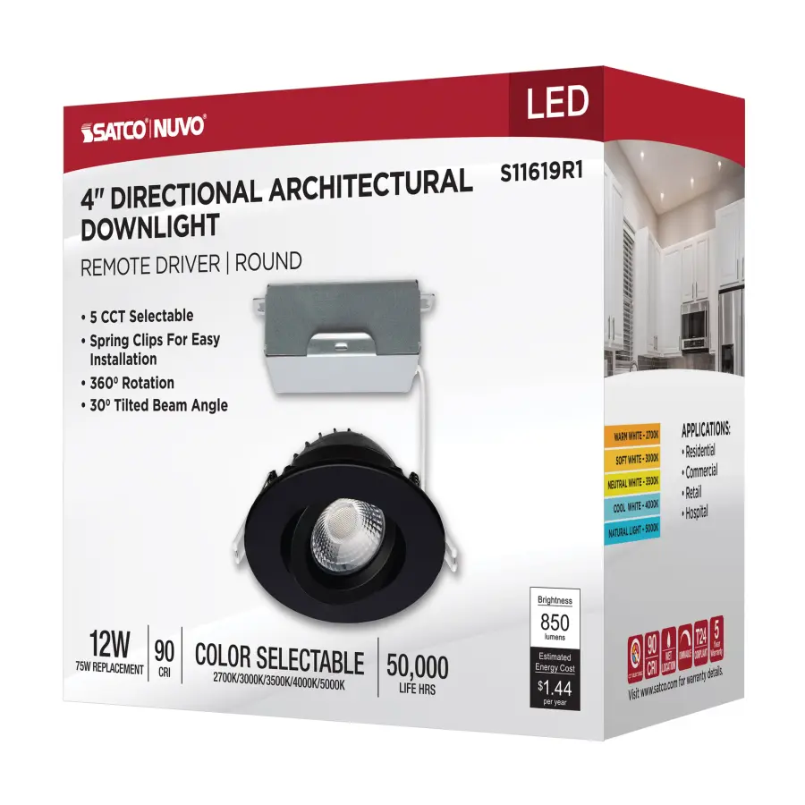 12 Watt LED Direct Wire Downlight - Gimbaled - 4 Inch - CCT Selectable - Round - Remote Driver - Black Finish - 850 Lumens - 120 Volt - Image 14