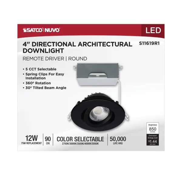 12 Watt LED Direct Wire Downlight - Gimbaled - 4 Inch - CCT Selectable - Round - Remote Driver - Black Finish - 850 Lumens - 120 Volt - Image 9
