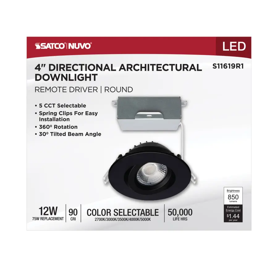 12 Watt LED Direct Wire Downlight - Gimbaled - 4 Inch - CCT Selectable - Round - Remote Driver - Black Finish - 850 Lumens - 120 Volt - Image 9
