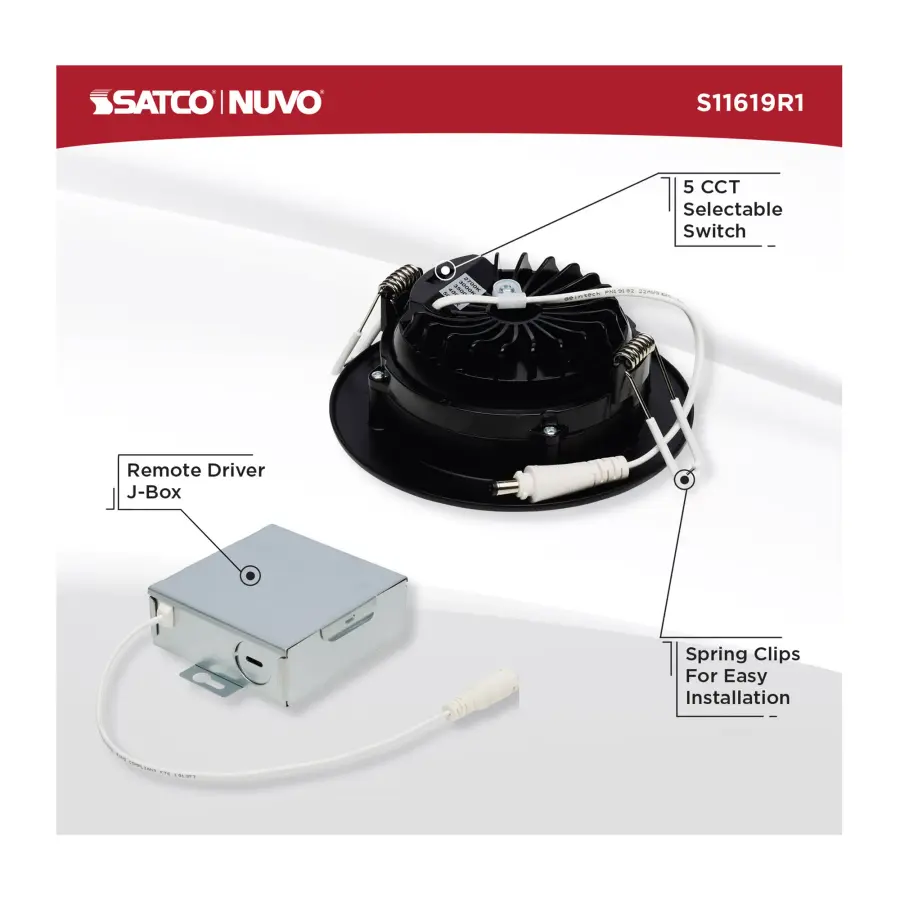 12 Watt LED Direct Wire Downlight - Gimbaled - 4 Inch - CCT Selectable - Round - Remote Driver - Black Finish - 850 Lumens - 120 Volt - Image 10