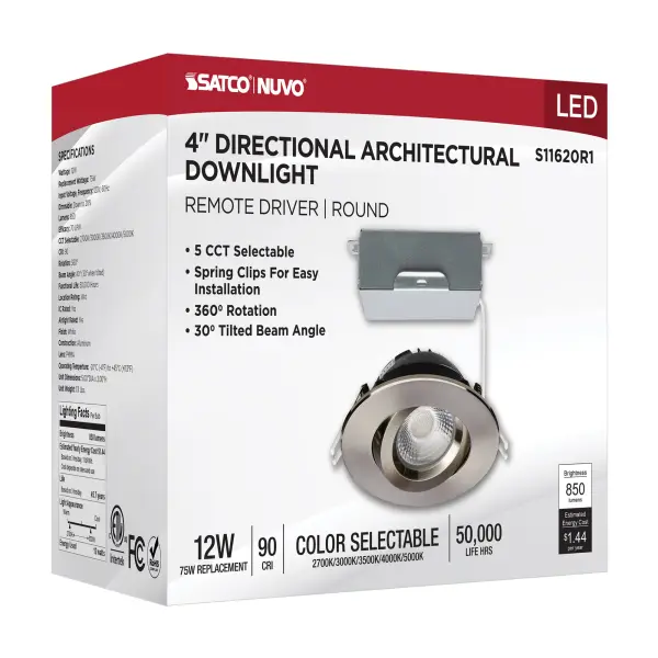 12 Watt LED Direct Wire Downlight - Gimbaled - 4 Inch - CCT Selectable - Round - Remote Driver - Brushed Nickel Finish - 850 Lumens - 120 Volt - Image 13