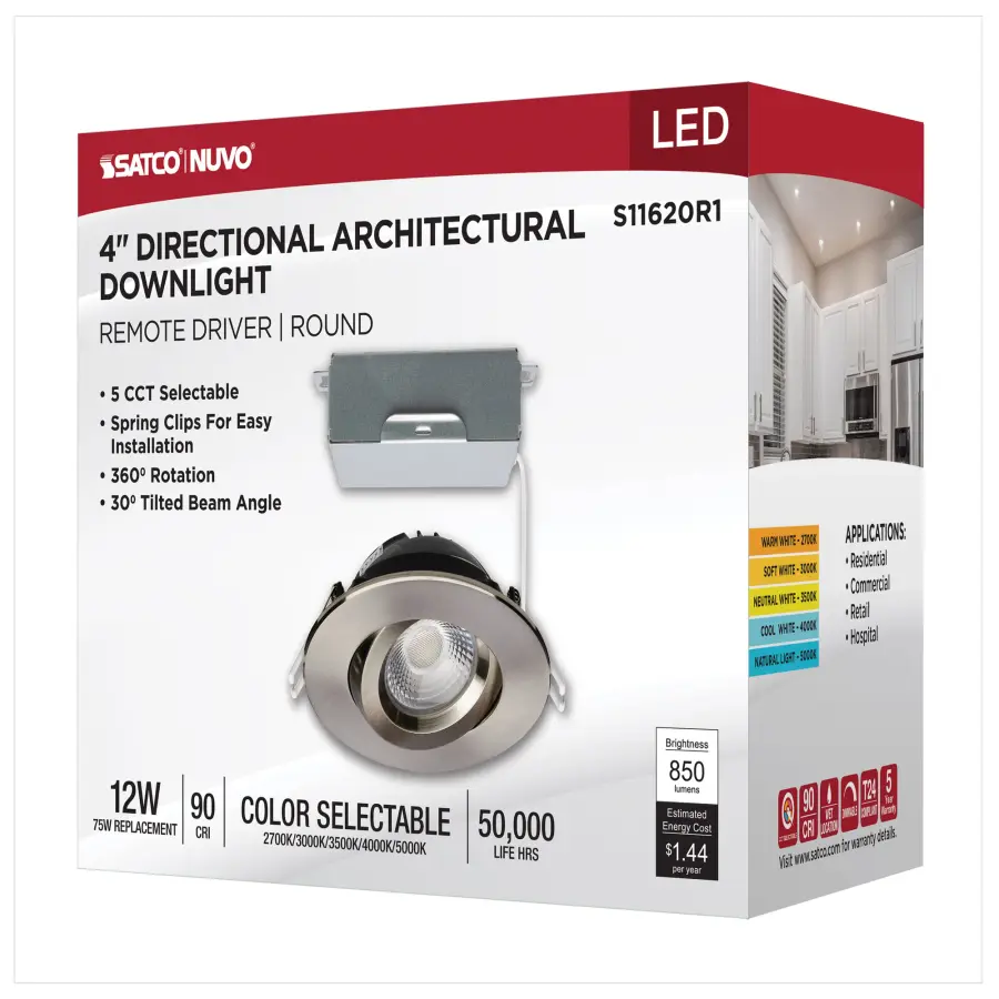12 Watt LED Direct Wire Downlight - Gimbaled - 4 Inch - CCT Selectable - Round - Remote Driver - Brushed Nickel Finish - 850 Lumens - 120 Volt - Image 14