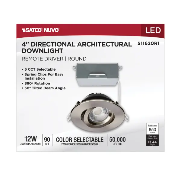 12 Watt LED Direct Wire Downlight - Gimbaled - 4 Inch - CCT Selectable - Round - Remote Driver - Brushed Nickel Finish - 850 Lumens - 120 Volt - Image 9