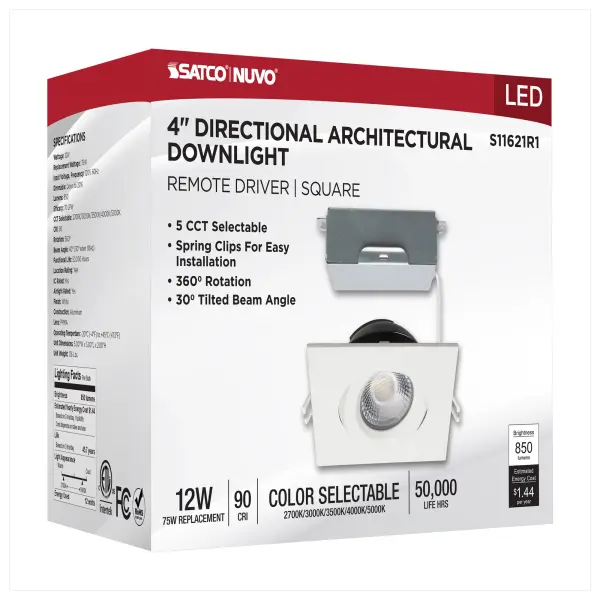 12 Watt LED Direct Wire Downlight - Gimbaled - 4 Inch - CCT Selectable - Square - Remote Driver - White Finish - 850 Lumens - 120 Volt - Image 13