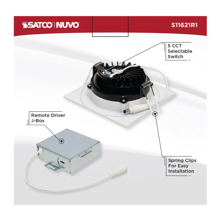 12 Watt LED Direct Wire Downlight - Gimbaled - 4 Inch - CCT Selectable - Square - Remote Driver - White Finish - 850 Lumens - 120 Volt - Image 10
