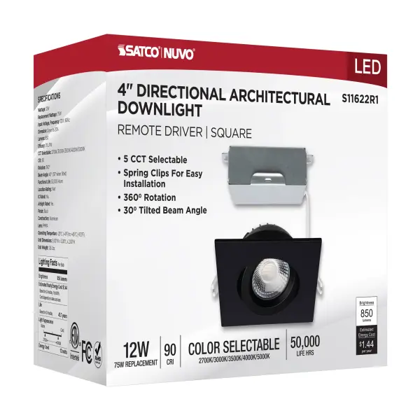 12 Watt LED Direct Wire Downlight - Gimbaled - 4 Inch - CCT Selectable - Square - Remote Driver - Black Finish - 850 Lumens - 120 Volt - Image 13