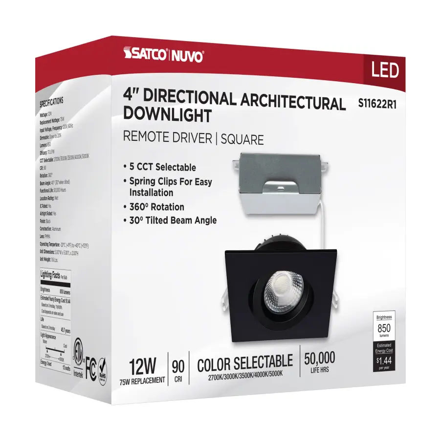 12 Watt LED Direct Wire Downlight - Gimbaled - 4 Inch - CCT Selectable - Square - Remote Driver - Black Finish - 850 Lumens - 120 Volt - Image 13