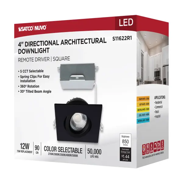 12 Watt LED Direct Wire Downlight - Gimbaled - 4 Inch - CCT Selectable - Square - Remote Driver - Black Finish - 850 Lumens - 120 Volt - Image 14