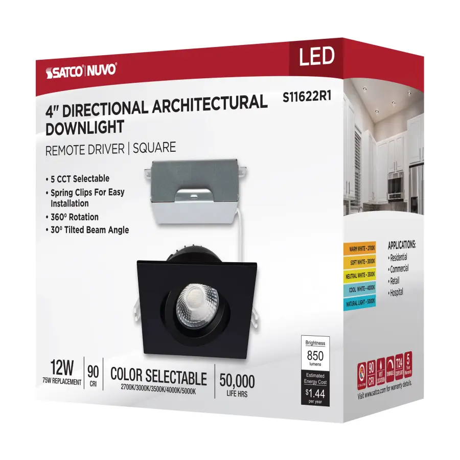 12 Watt LED Direct Wire Downlight - Gimbaled - 4 Inch - CCT Selectable - Square - Remote Driver - Black Finish - 850 Lumens - 120 Volt - Image 14