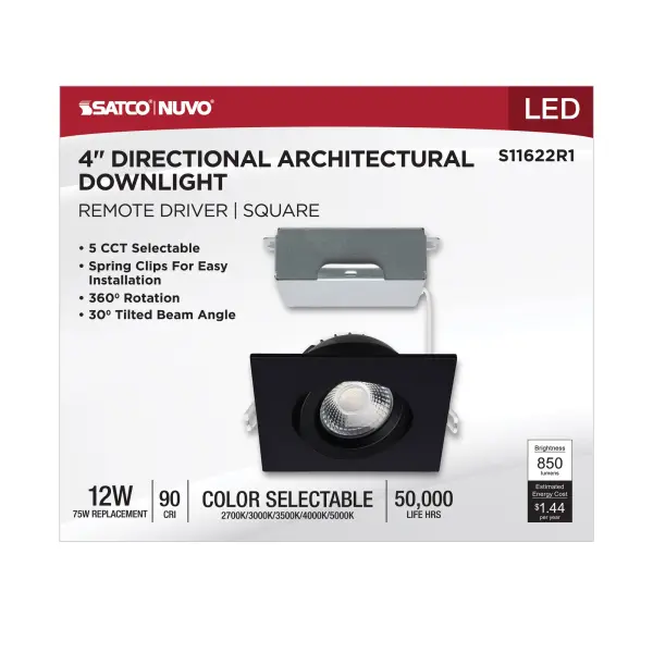 12 Watt LED Direct Wire Downlight - Gimbaled - 4 Inch - CCT Selectable - Square - Remote Driver - Black Finish - 850 Lumens - 120 Volt - Image 9