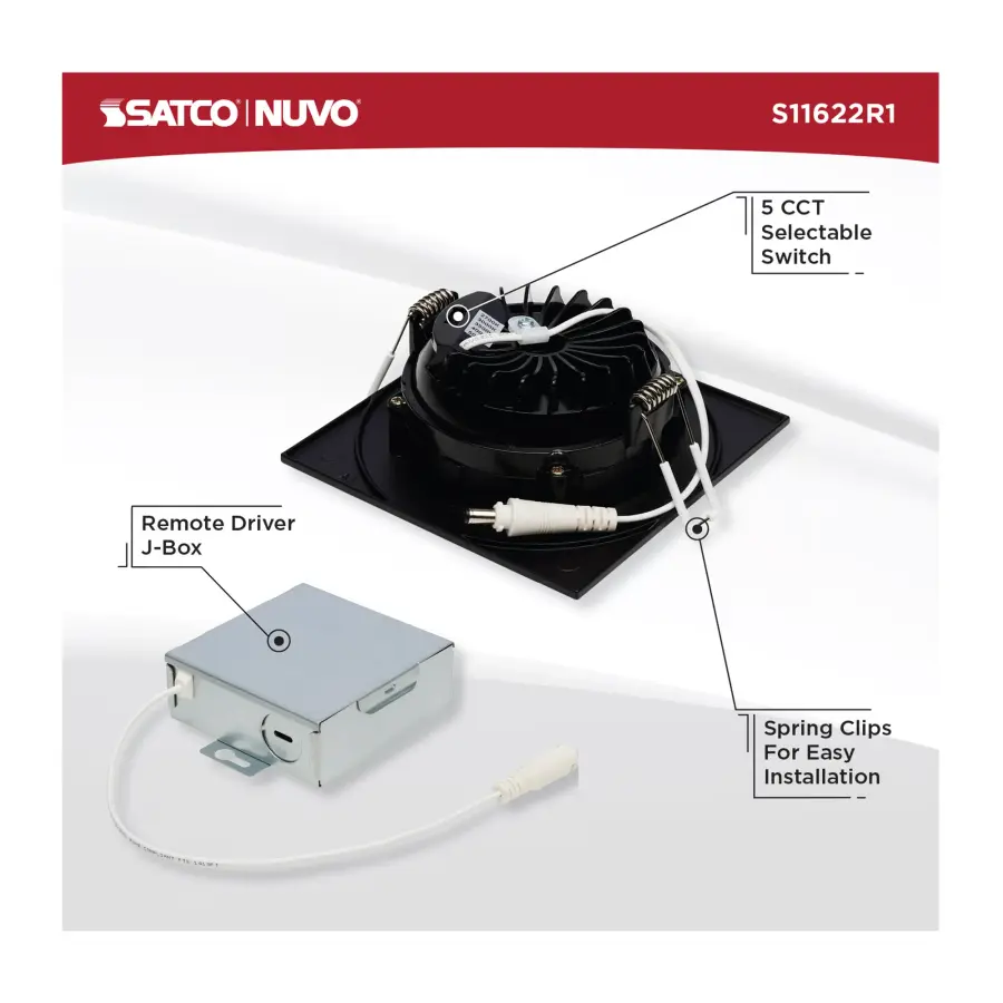 12 Watt LED Direct Wire Downlight - Gimbaled - 4 Inch - CCT Selectable - Square - Remote Driver - Black Finish - 850 Lumens - 120 Volt - Image 10