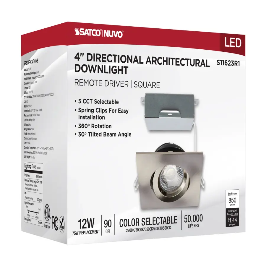 12 Watt LED Direct Wire Downlight - Gimbaled - 4 Inch - CCT Selectable - Square - Remote Driver - Brushed Nickel Finish - 850 Lumens - 120 Volt - Image 13
