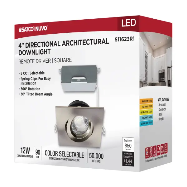 12 Watt LED Direct Wire Downlight - Gimbaled - 4 Inch - CCT Selectable - Square - Remote Driver - Brushed Nickel Finish - 850 Lumens - 120 Volt - Image 14