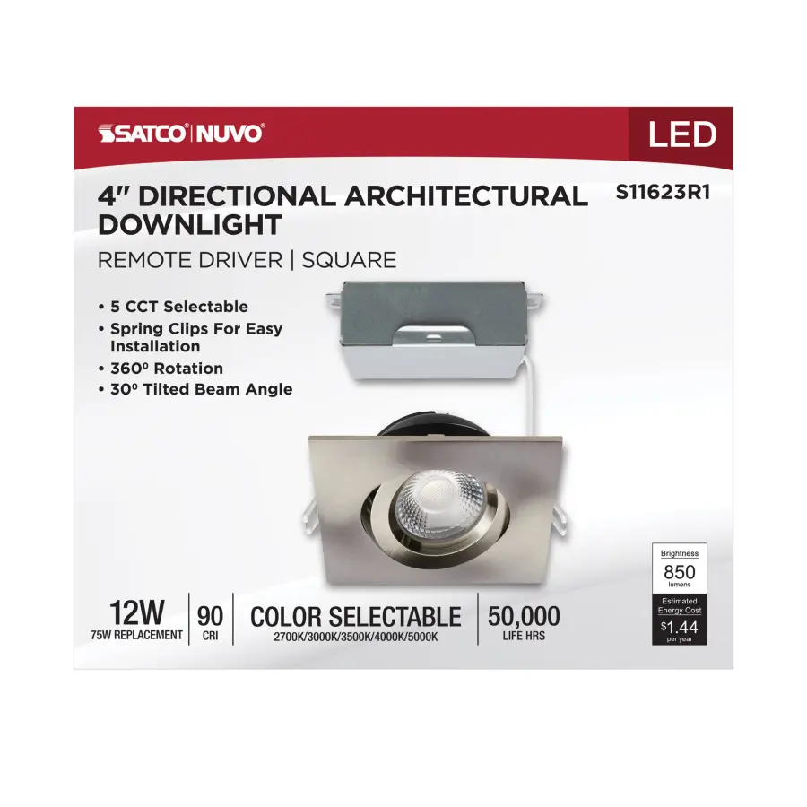 12 Watt LED Direct Wire Downlight - Gimbaled - 4 Inch - CCT Selectable - Square - Remote Driver - Brushed Nickel Finish - 850 Lumens - 120 Volt - Image 9