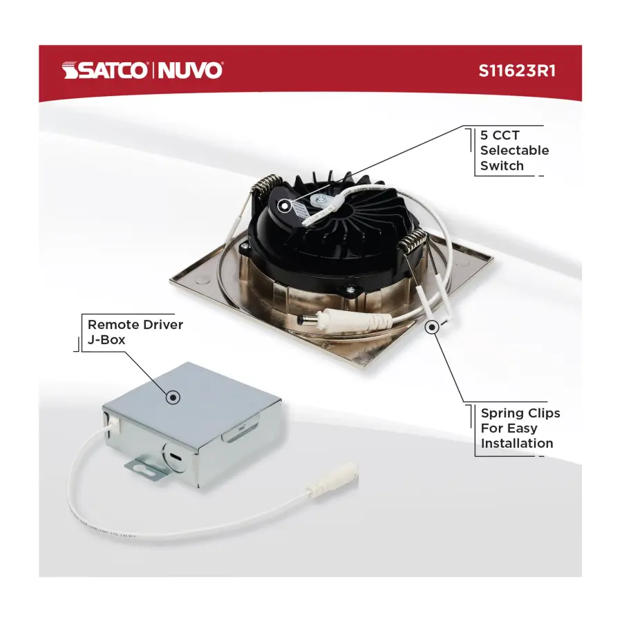 12 Watt LED Direct Wire Downlight - Gimbaled - 4 Inch - CCT Selectable - Square - Remote Driver - Brushed Nickel Finish - 850 Lumens - 120 Volt - Image 10