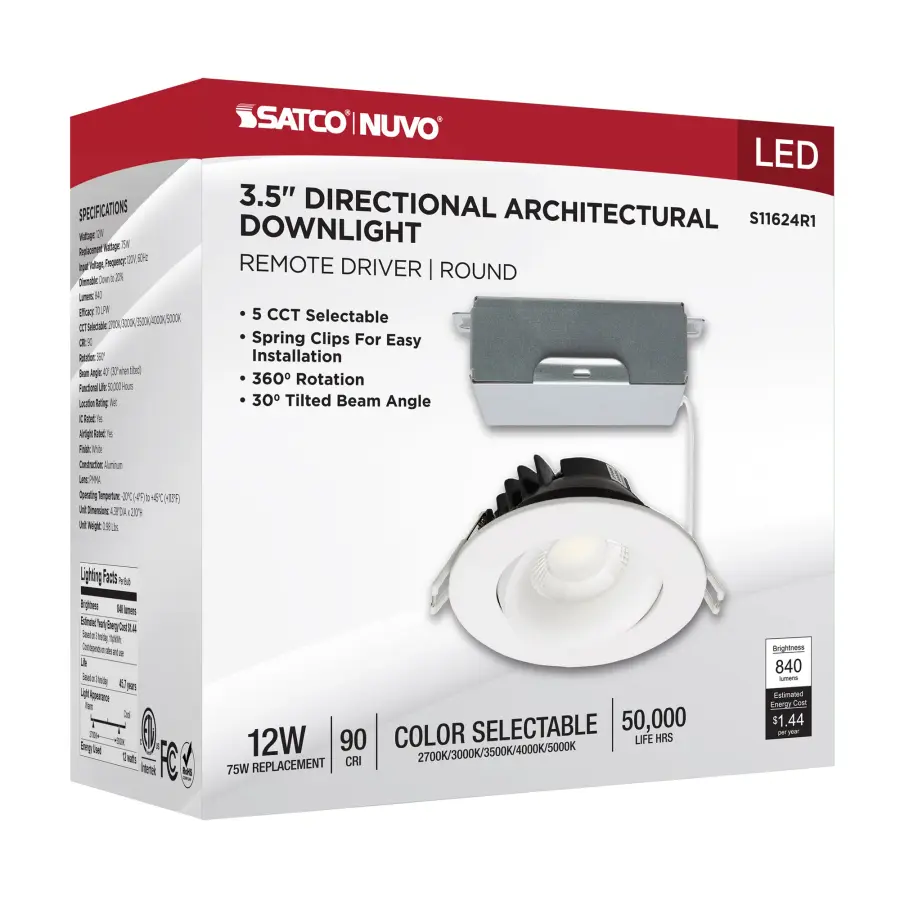 12 Watt LED Direct Wire Downlight - Gimbaled - 3.5 Inch - CCT Selectable - Round - Remote Driver - White Finish - 840 Lumens - 120 Volt - Image 13