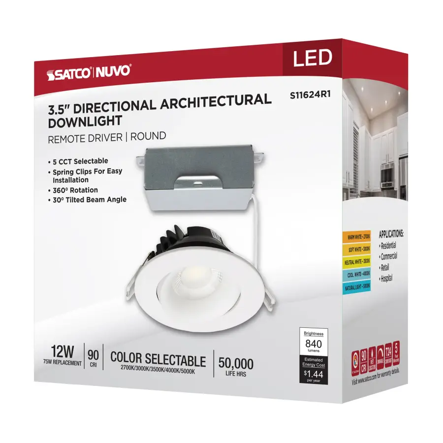 12 Watt LED Direct Wire Downlight - Gimbaled - 3.5 Inch - CCT Selectable - Round - Remote Driver - White Finish - 840 Lumens - 120 Volt - Image 14