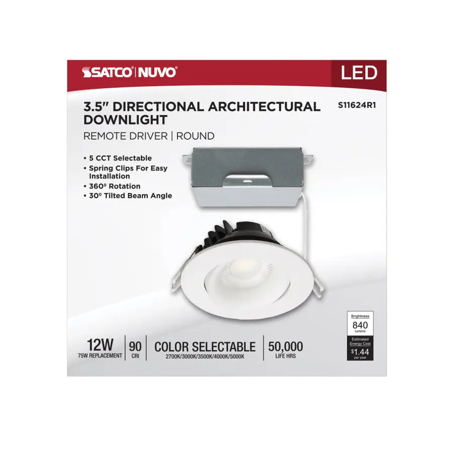 12 Watt LED Direct Wire Downlight - Gimbaled - 3.5 Inch - CCT Selectable - Round - Remote Driver - White Finish - 840 Lumens - 120 Volt - Image 9