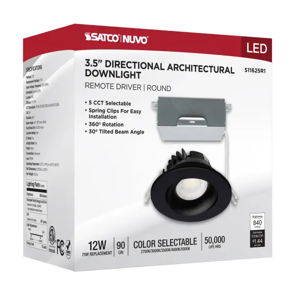 12 Watt LED Direct Wire Downlight - Gimbaled - 3.5 Inch - CCT Selectable - Round - Remote Driver - Black Finish - 840 Lumens - 120 Volt - Image 13