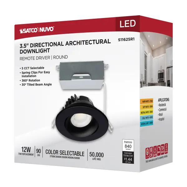 12 Watt LED Direct Wire Downlight - Gimbaled - 3.5 Inch - CCT Selectable - Round - Remote Driver - Black Finish - 840 Lumens - 120 Volt - Image 14