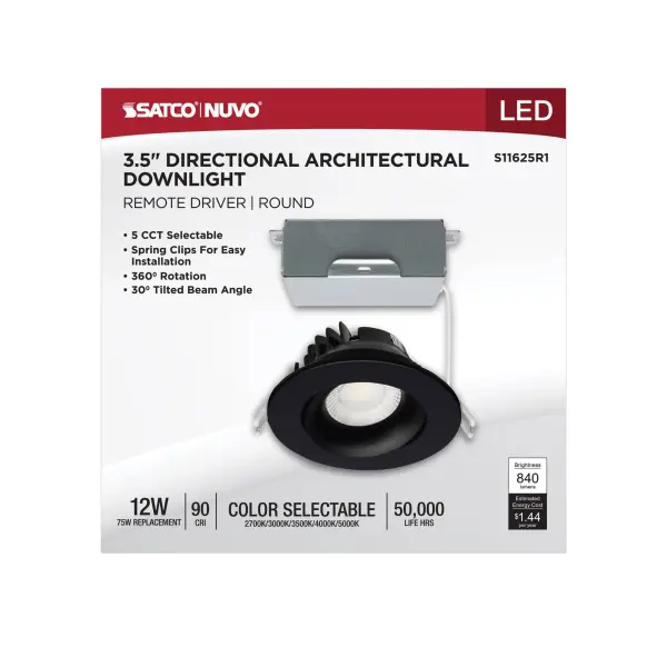 12 Watt LED Direct Wire Downlight - Gimbaled - 3.5 Inch - CCT Selectable - Round - Remote Driver - Black Finish - 840 Lumens - 120 Volt - Image 9