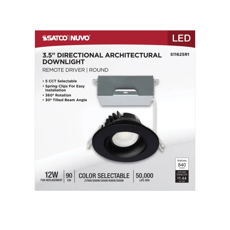 12 Watt LED Direct Wire Downlight - Gimbaled - 3.5 Inch - CCT Selectable - Round - Remote Driver - Black Finish - 840 Lumens - 120 Volt - Image 9