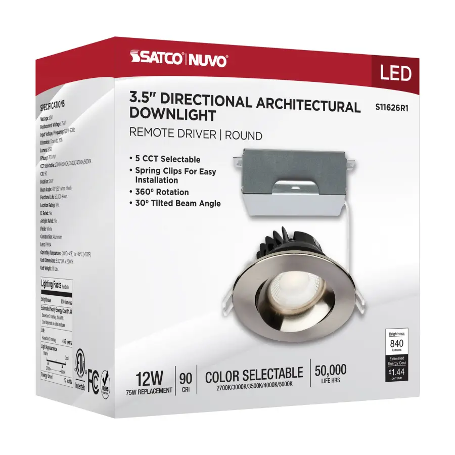12 Watt LED Direct Wire Downlight - Gimbaled - 3.5 Inch - CCT Selectable - Round - Remote Driver - Brushed Nickel Finish - 840 Lumens - 120 Volt - Image 13