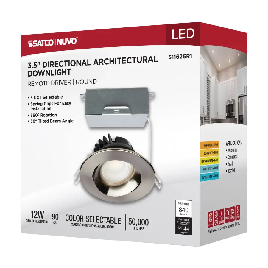 12 Watt LED Direct Wire Downlight - Gimbaled - 3.5 Inch - CCT Selectable - Round - Remote Driver - Brushed Nickel Finish - 840 Lumens - 120 Volt - Image 14