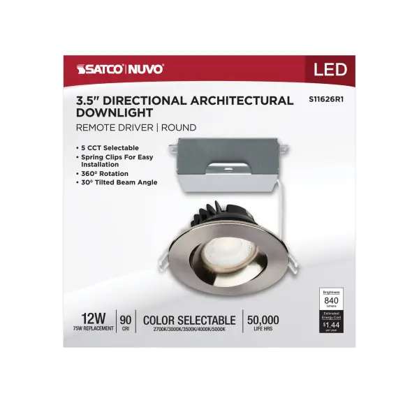 12 Watt LED Direct Wire Downlight - Gimbaled - 3.5 Inch - CCT Selectable - Round - Remote Driver - Brushed Nickel Finish - 840 Lumens - 120 Volt - Image 9