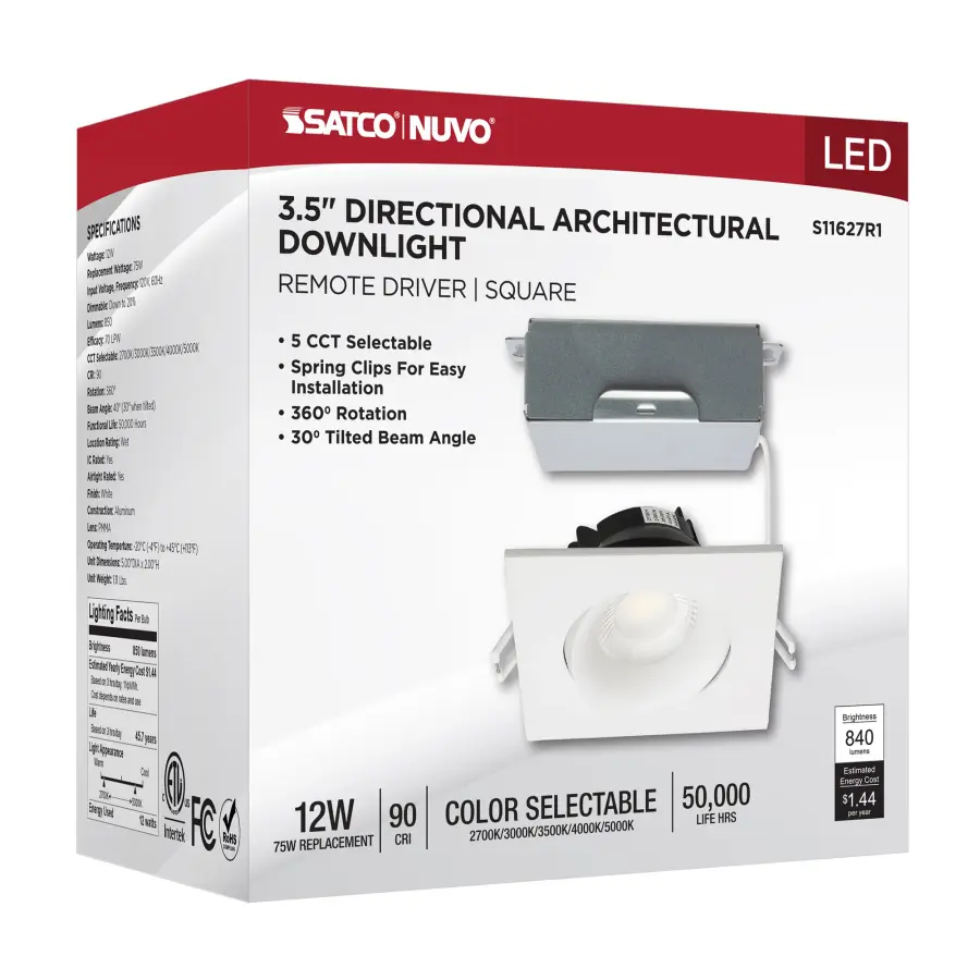 12 Watt LED Direct Wire Downlight - Gimbaled - 3.5 Inch - CCT Selectable - Square - Remote Driver - White Finish - 840 Lumens - 120 Volt - Image 13
