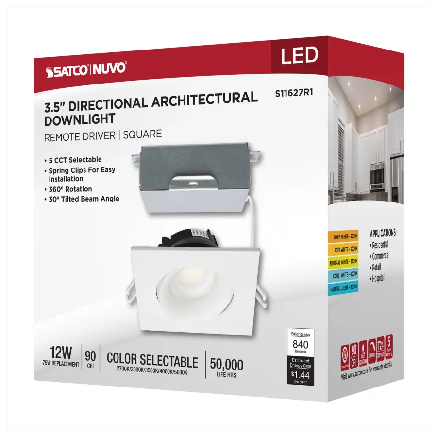 12 Watt LED Direct Wire Downlight - Gimbaled - 3.5 Inch - CCT Selectable - Square - Remote Driver - White Finish - 840 Lumens - 120 Volt - Image 14