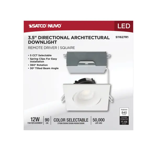 12 Watt LED Direct Wire Downlight - Gimbaled - 3.5 Inch - CCT Selectable - Square - Remote Driver - White Finish - 840 Lumens - 120 Volt - Image 9