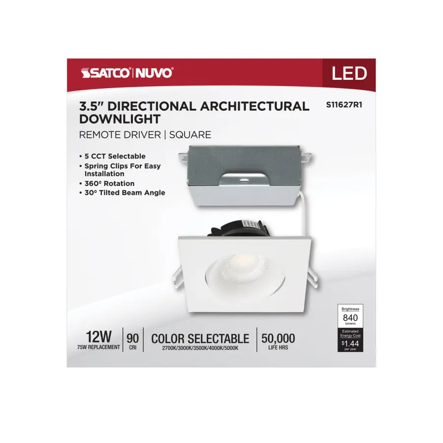 12 Watt LED Direct Wire Downlight - Gimbaled - 3.5 Inch - CCT Selectable - Square - Remote Driver - White Finish - 840 Lumens - 120 Volt - Image 9