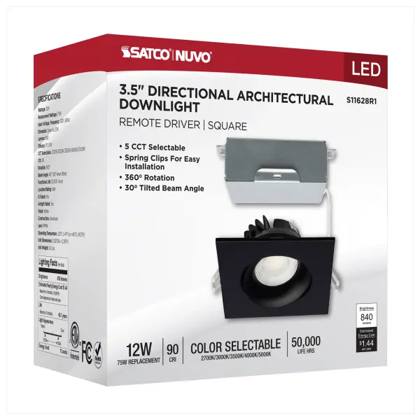 12 Watt LED Direct Wire Downlight - Gimbaled - 3.5 Inch - CCT Selectable - Square - Remote Driver - Black Finish - 840 Lumens - 120 Volt - Image 13