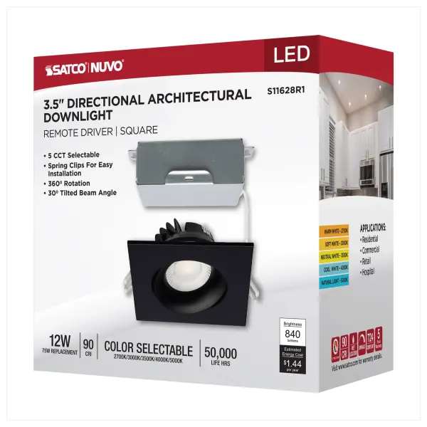 12 Watt LED Direct Wire Downlight - Gimbaled - 3.5 Inch - CCT Selectable - Square - Remote Driver - Black Finish - 840 Lumens - 120 Volt - Image 14