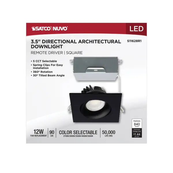 12 Watt LED Direct Wire Downlight - Gimbaled - 3.5 Inch - CCT Selectable - Square - Remote Driver - Black Finish - 840 Lumens - 120 Volt - Image 9