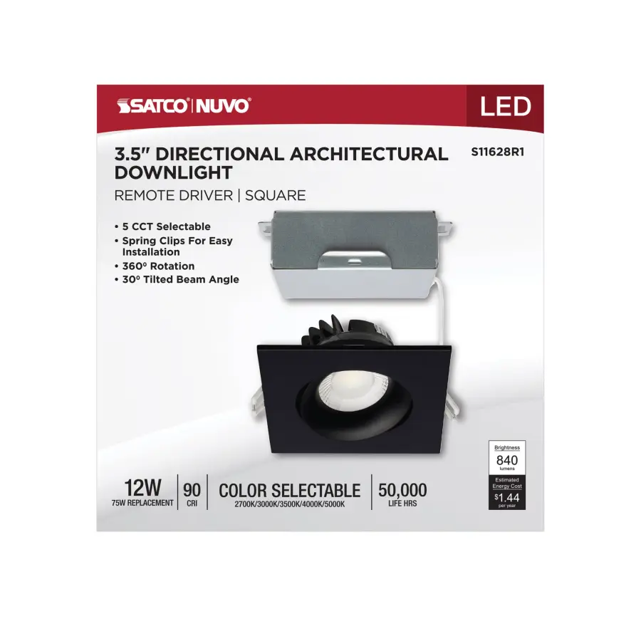 12 Watt LED Direct Wire Downlight - Gimbaled - 3.5 Inch - CCT Selectable - Square - Remote Driver - Black Finish - 840 Lumens - 120 Volt - Image 9