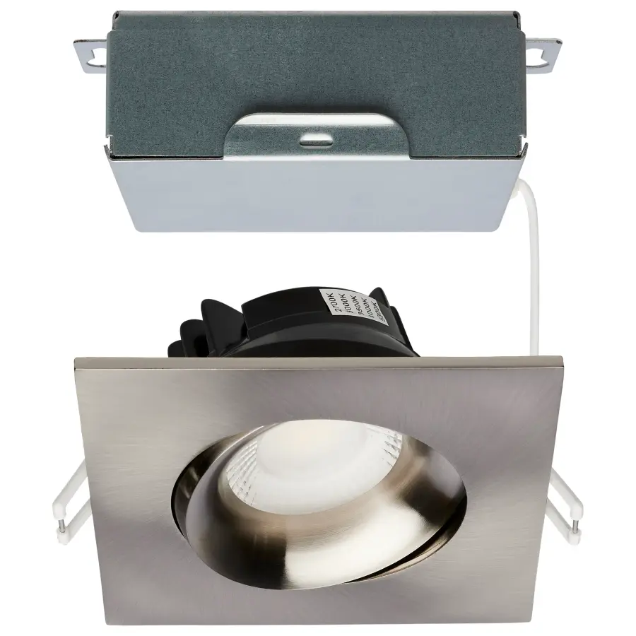 12 Watt LED Direct Wire Downlight - Gimbaled - 3.5 Inch - CCT Selectable - Square - Remote Driver - Brushed Nickel Finish - 840 Lumens - 120 Volt - Image 1