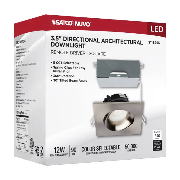 12 Watt LED Direct Wire Downlight - Gimbaled - 3.5 Inch - CCT Selectable - Square - Remote Driver - Brushed Nickel Finish - 840 Lumens - 120 Volt - Image 13