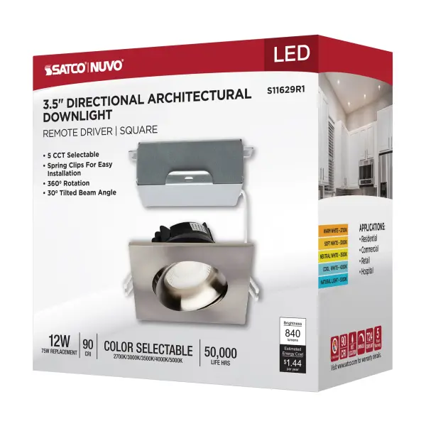 12 Watt LED Direct Wire Downlight - Gimbaled - 3.5 Inch - CCT Selectable - Square - Remote Driver - Brushed Nickel Finish - 840 Lumens - 120 Volt - Image 14